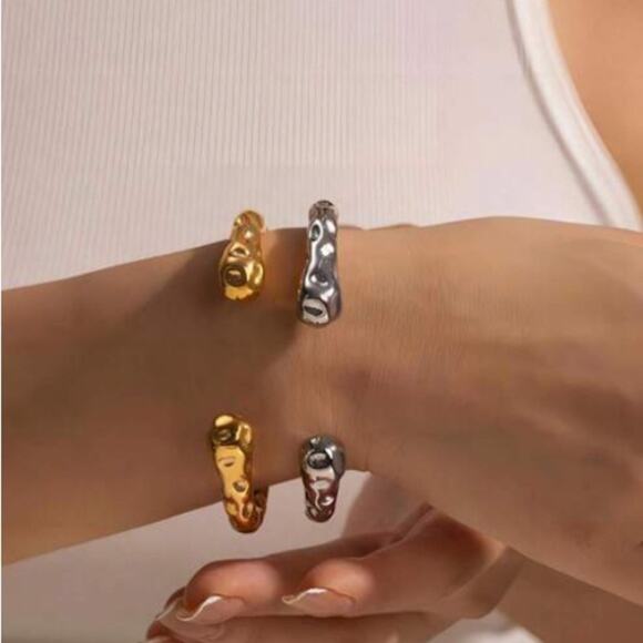 "Hammered Gold Plated Contour Bangle, Unique Stainless Steel Cuff, Trendy - Picture 5 of 12